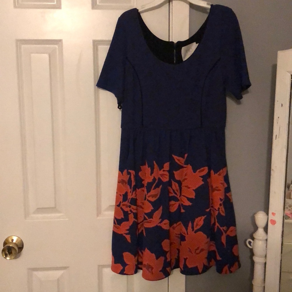 Anthropologie navy blue and orange dress.